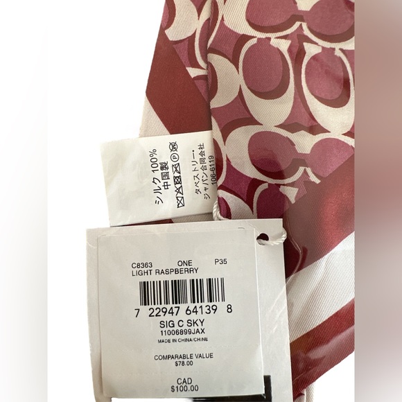 NWT Coach Signature Print Silk Skinny Scarf Light Raspberry - Picture 4 of 4